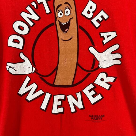 SAUSAGE PARTY Shirt Adult L DONT BE A WIENER Hotdog Happy Face Short Sleeve Red - Picture 7 of 12